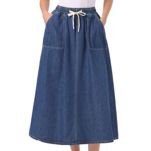 Women's Denim Skirt Elastic Waist A Line Long Jean Skirts Dark Blue